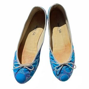 London Sole Blue Silk Satin Embroidered Ballet Flats Slippers Slides